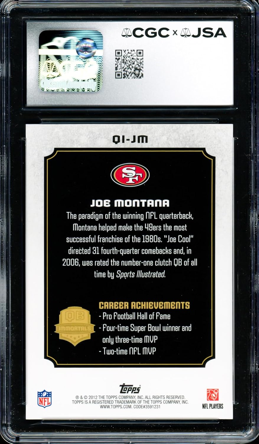 Joe Montana Autographed 2012 Topps QB Immortals Football Card #QI-JM CGC x JSA 9.5 CGC x JSA Stock #254424