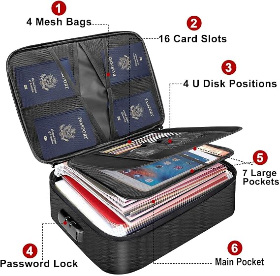 Fireproof Document Box, Large Capacity 3-Layer Fireproof Document Bag, Waterproof Double Zipper with Lockable Storage Box, Multi-Layer Documents Storage Bag for Passports, Files, Cards (Black)