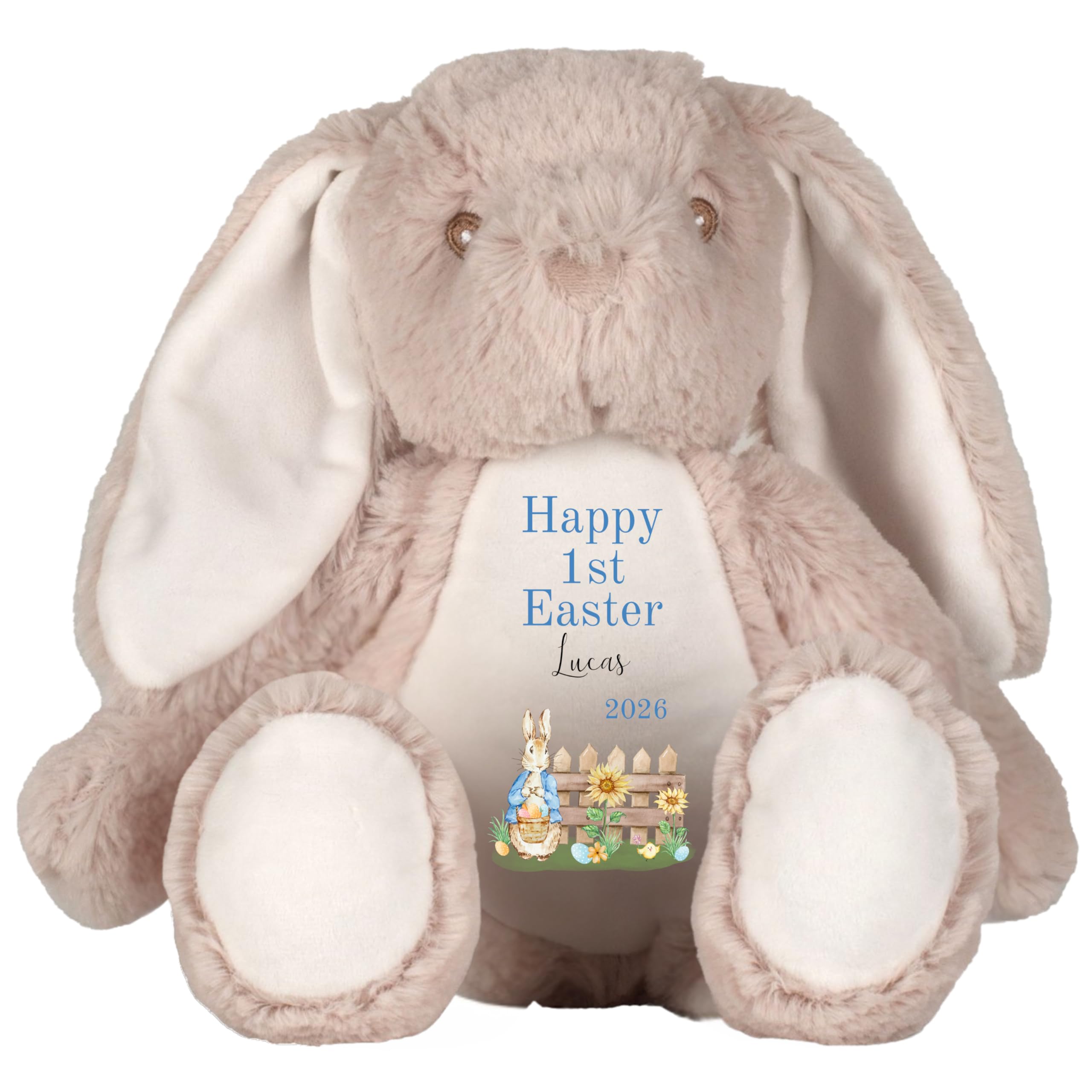 HotScamp Personalised Easter Bunny with Name - Rabbit 1st Easter 2026 Blue - Soft Toy for Baby, Toddler, Child, Kids, Babies Spring Time - Blue Letter Brown Bunny
