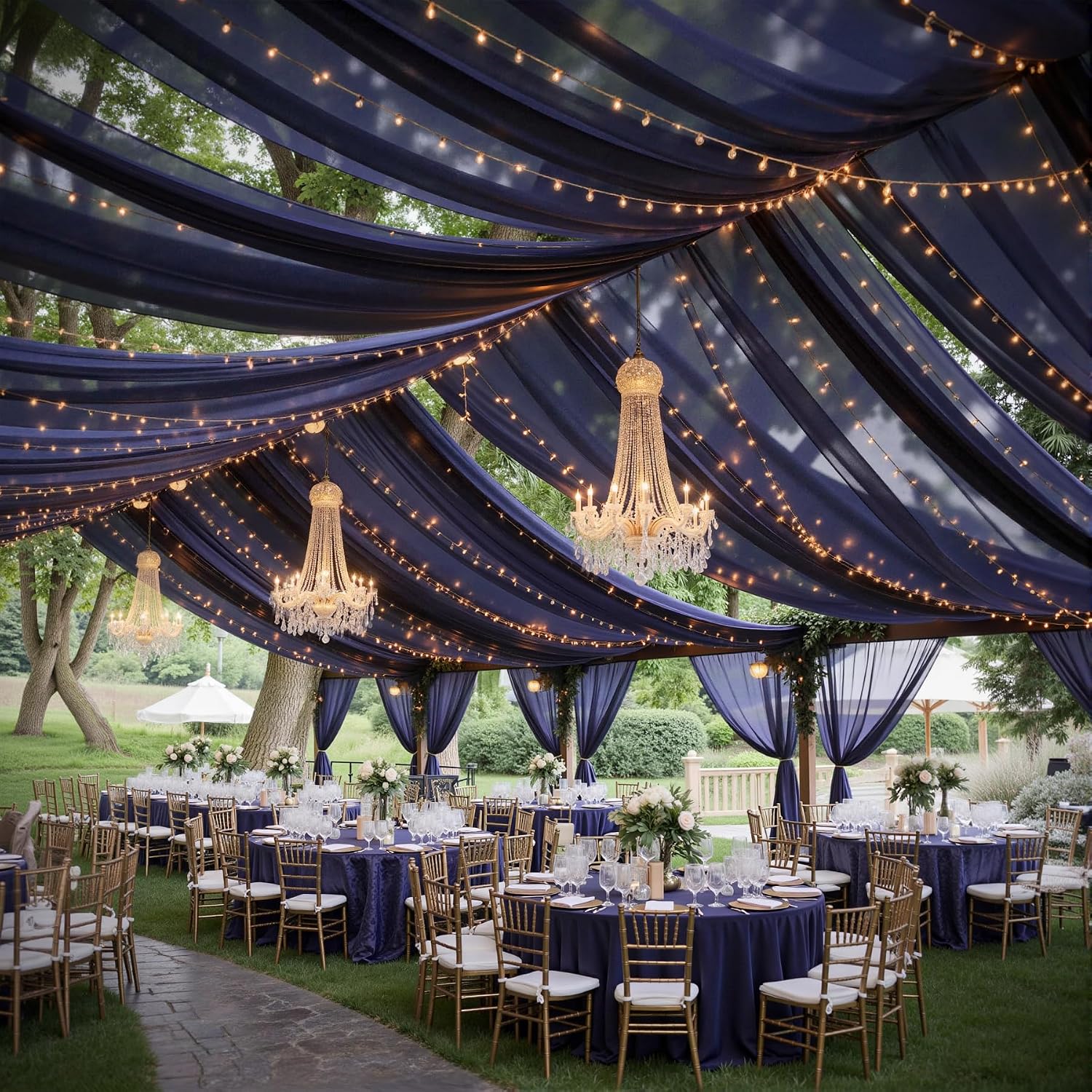 Condition photo showing New/Like New for 6 panels navy blue ceiling drapes with lights for weddings ceiling drapes 5ftx30ft wedding draping fabric sheer curtains tulle drapery wedding decorations for home party ceremony stage swag 60"w x 360"l (pack of 6) navy blue