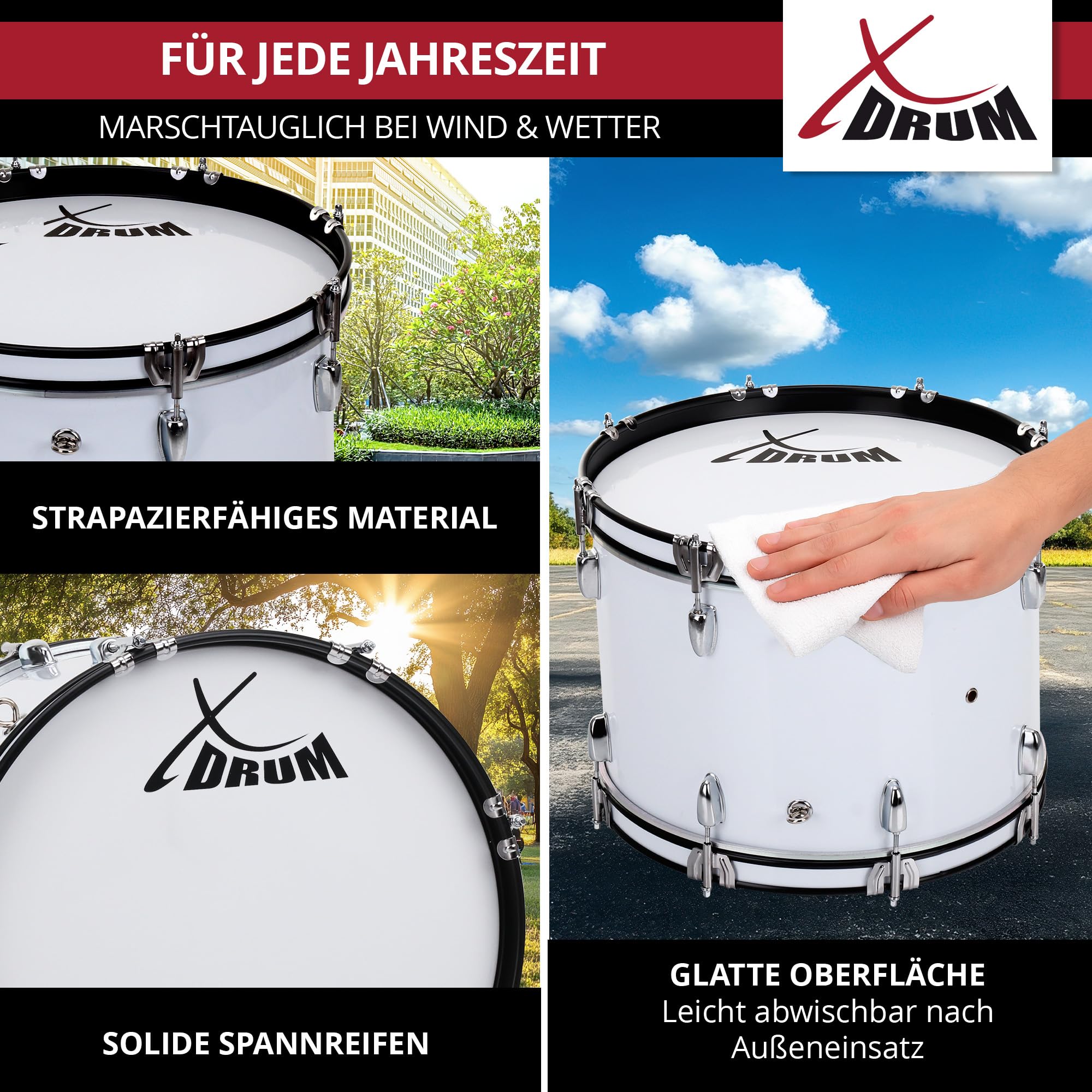 XDrum MBD-218 grancassa da marcia 18"x12" - 6,5 kg - 4 anelli di trasporto - 8 viti di tensione per lato - inclusi mazzuoli, cinghie e chiave di accordatura - bianco