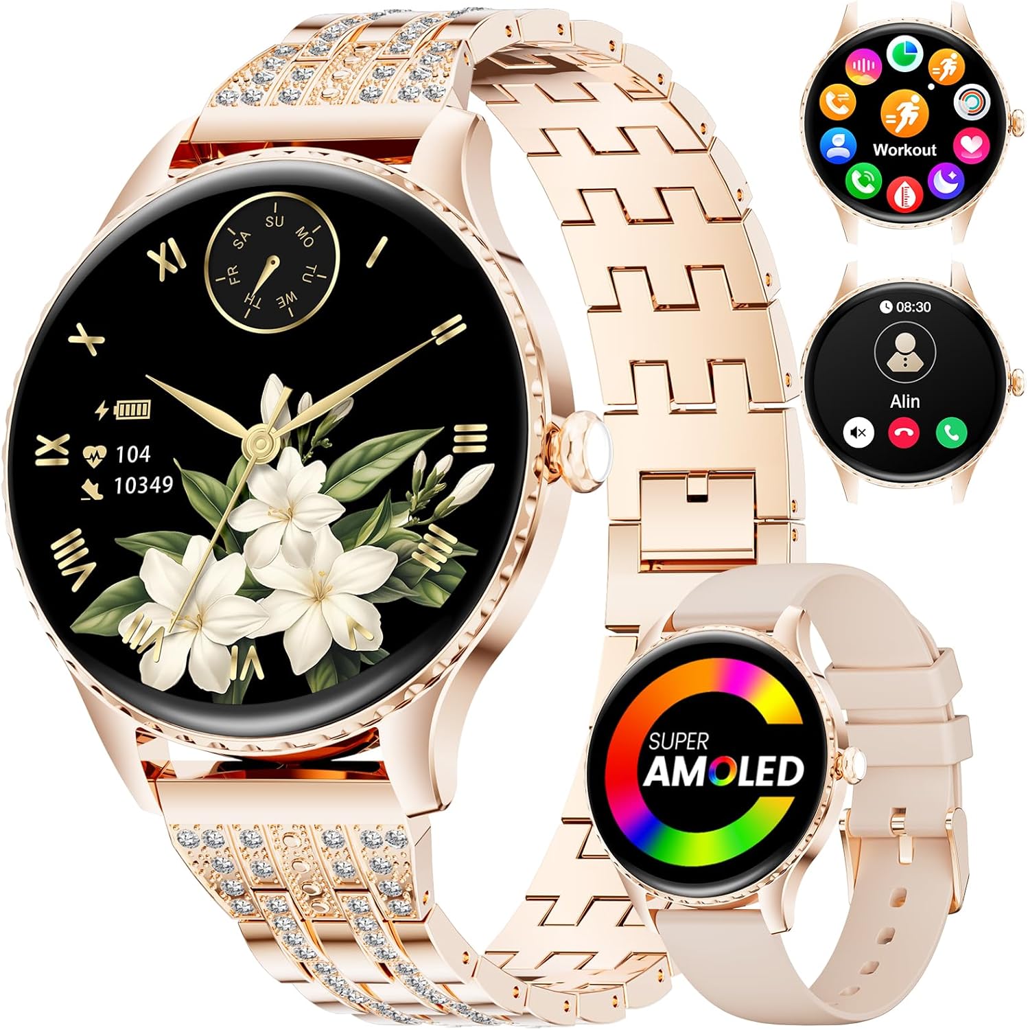 Smart Watches for Women with 1.32" AMOLED Display, Bluetooth Calling, 121 Sports Modes, Heart Rate & Sleep Monitor, Fitness Tracker, IP68 Waterproof, 2 Bands, Compatible with Android iOS