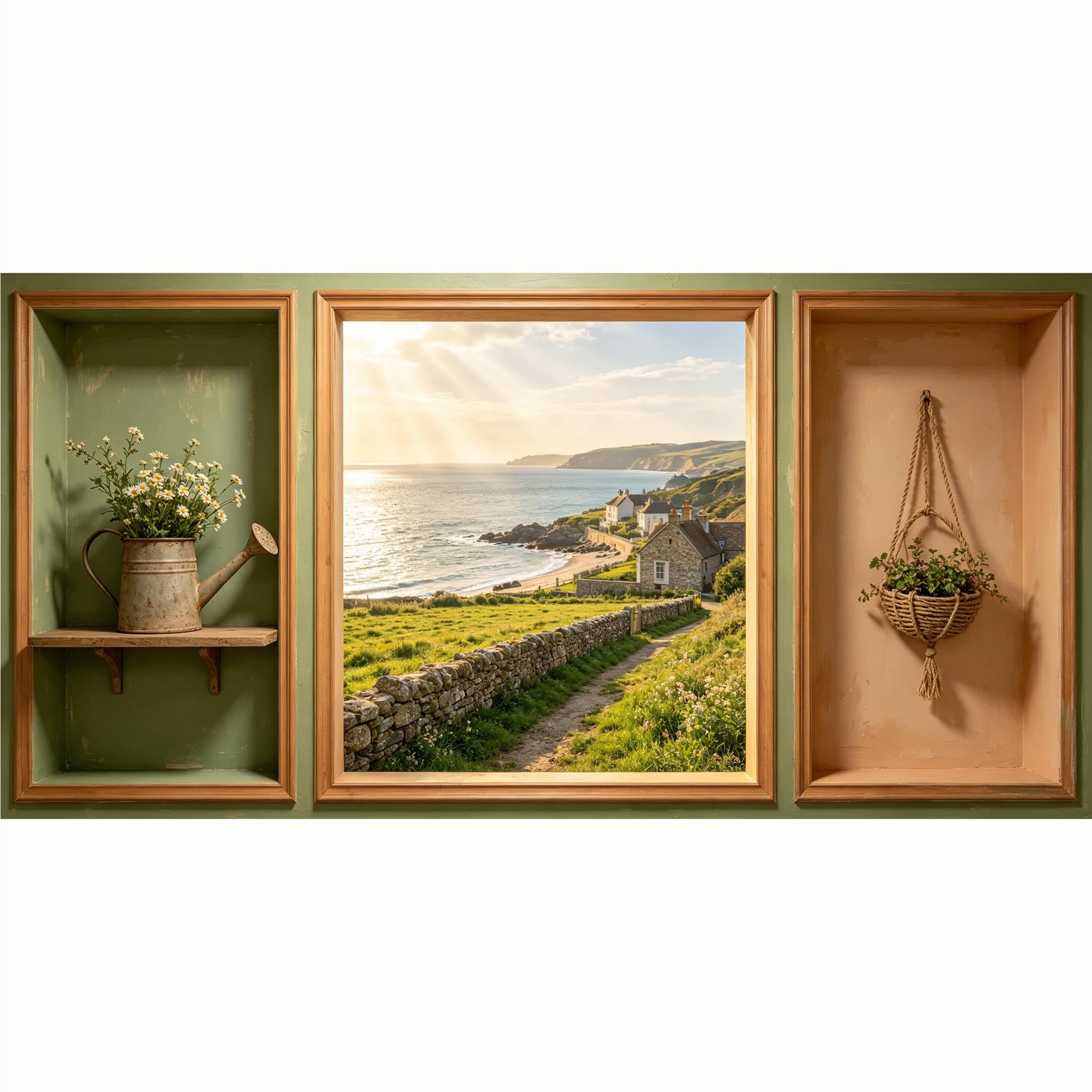 QZLITHOTIC 50x100cm 3D Framed Wall Art， Coastal Landscape Seaside Cottage Self‑Adhesive Mural， Water‑Activated Peel & Stick Fabric Decor Wall Decal for Bedroom Living Room