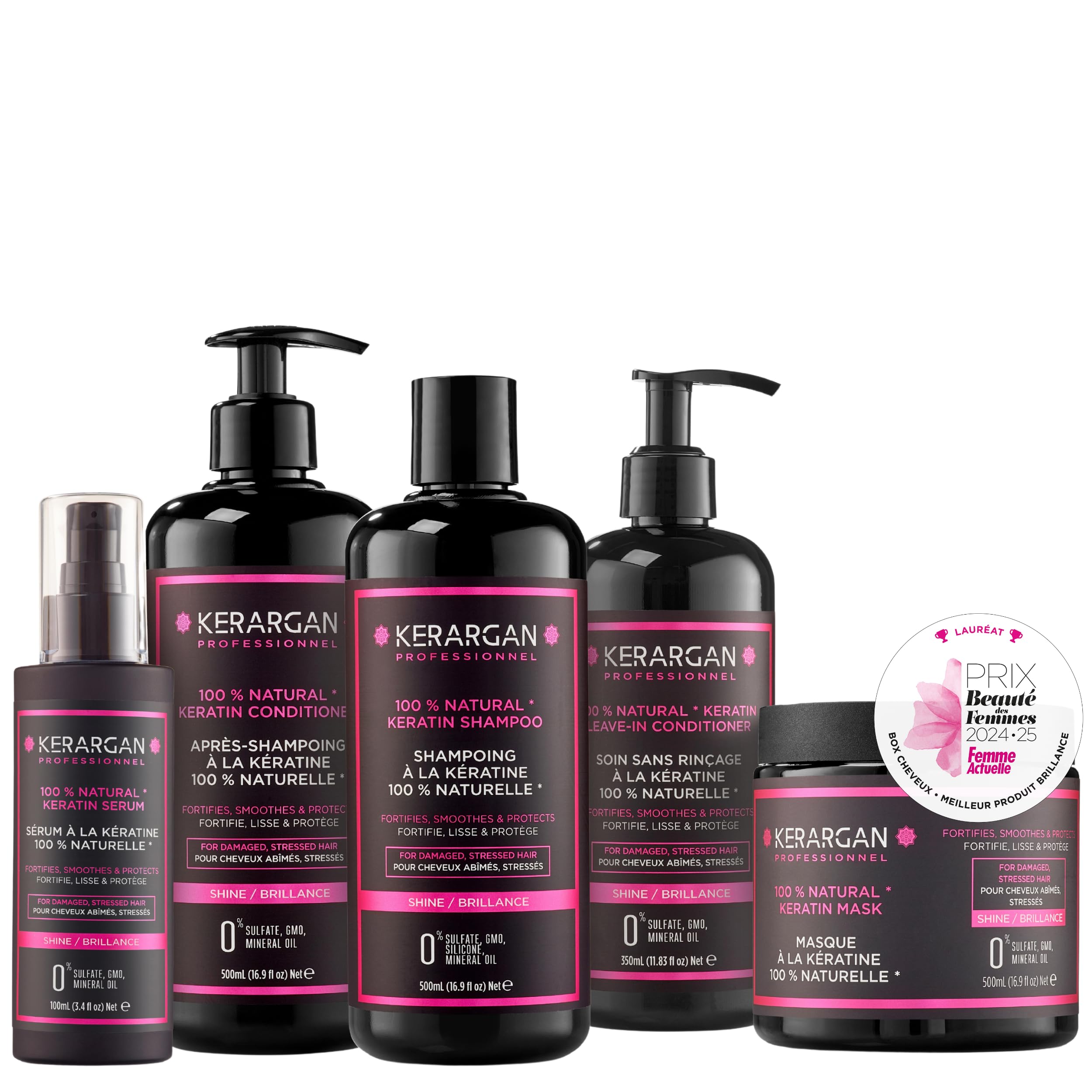 Kerargan - Ensemble Ultra Réparateur Shampoing, Après-shampoing, Masque, Sérum & Leave-In à la Kératine - Rénove & Protège Cheveux Abîmés - Sans Sulfate, OGM, Silicone - 3x500 ml + 100 ml + 350 ml | Shampoing, après-shampoing, masque, sérum et soin sans r