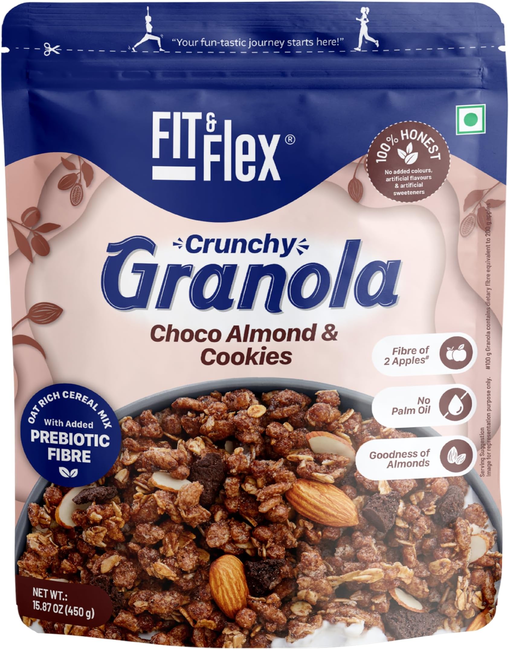 Baked Crunchy Granola,Chocolate Almond & Cookies,Oat Rich Cereal with High Protein & Fibre,Ready to Eat Healthy Granola for Breakfast & snacks-Chocolate Snacks-450 gm