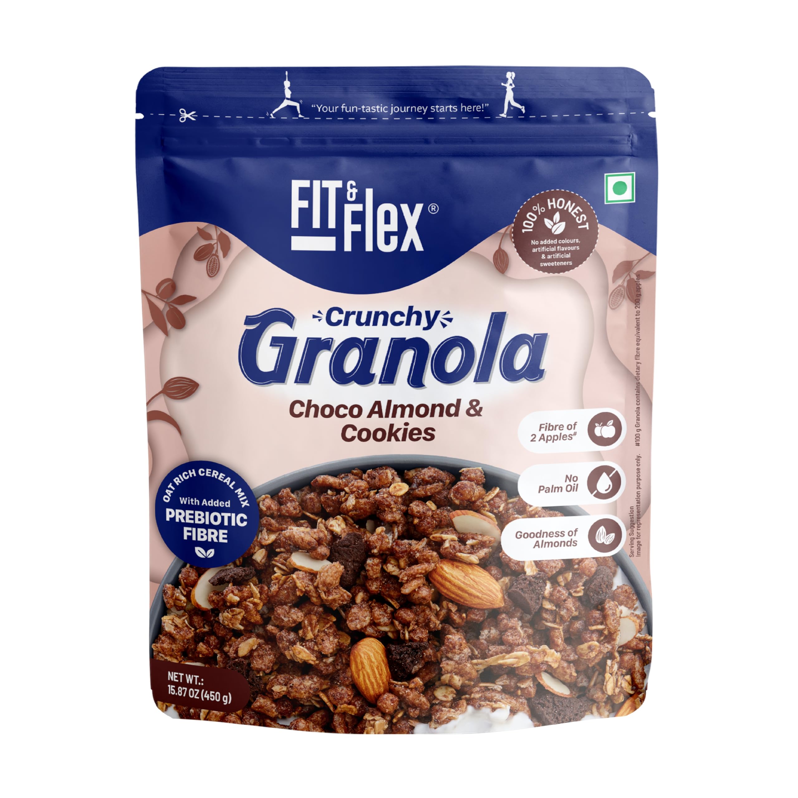 Fit & Flex Baked Crunchy Granola,Chocolate Almond & Cookies,Oat Rich Cereal with High Protein & Fibre,Ready to Eat Healthy Granola for Breakfast & snacks-Chocolate Snacks-450 gm