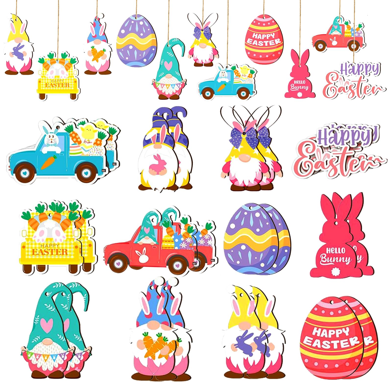 Photo 1 of 24Pcs Easter Ornaments for Tree Happy Easter Decoration Egg Bunny Carrot Basket Holiday Hanging Party Decor Spring Wooden Pendant Decorations with Rope and Holes for Easter Party Supplies