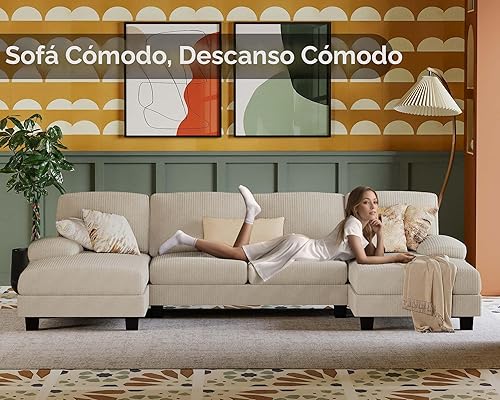 Miniatura 4 de Furmax Camillas seccionales para sala de estar, sofá en forma de U con tela de lino, juego de sofá de 4 asientos con diván doble para apartamento