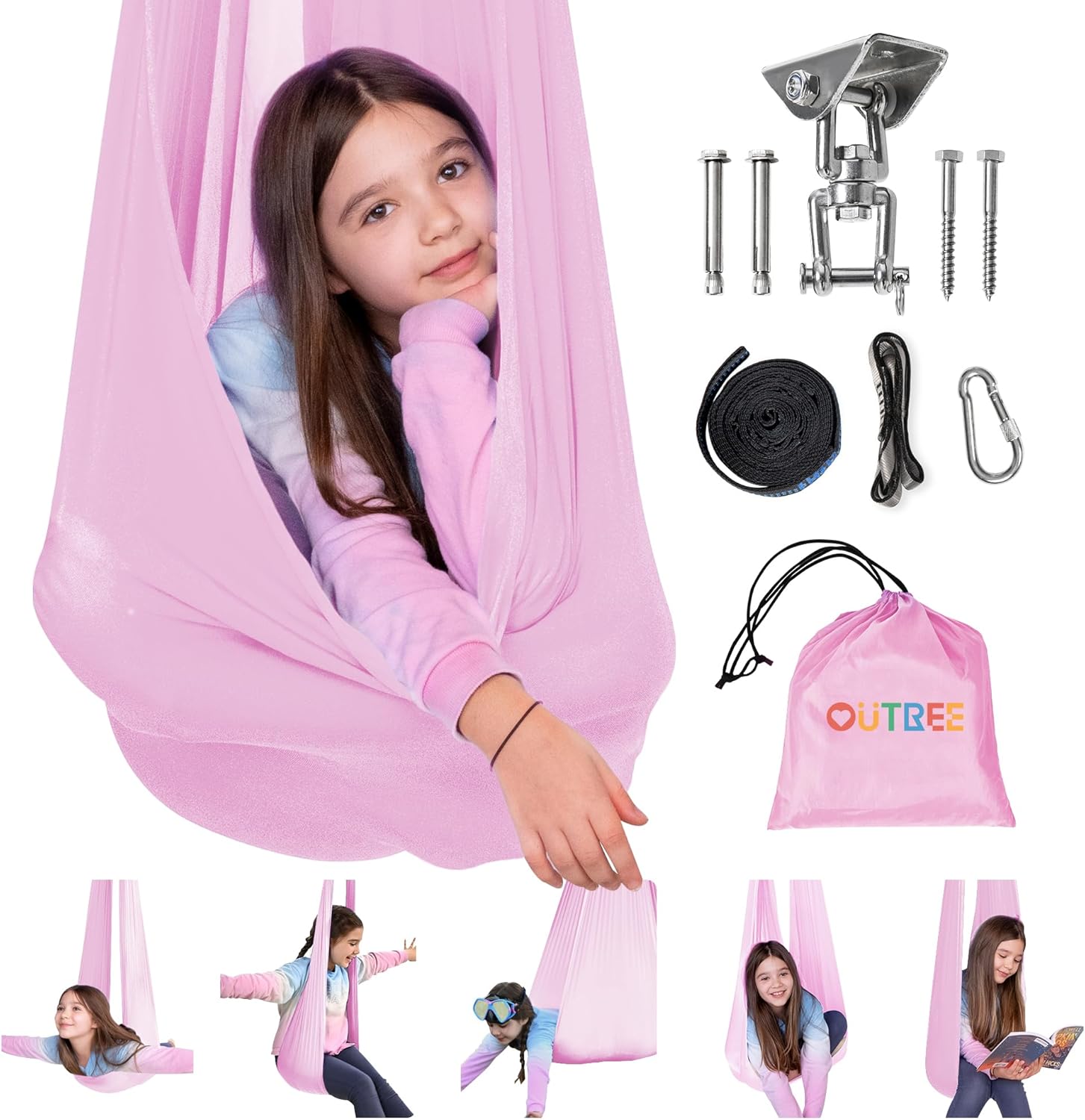 OUTREE Sensory Swing for Kids with 360° Swivel Hanger, Indoor Therapy Swing Great for Autism, ADHD, Sensory Processing Disorder, and Autistic Children (Gray)