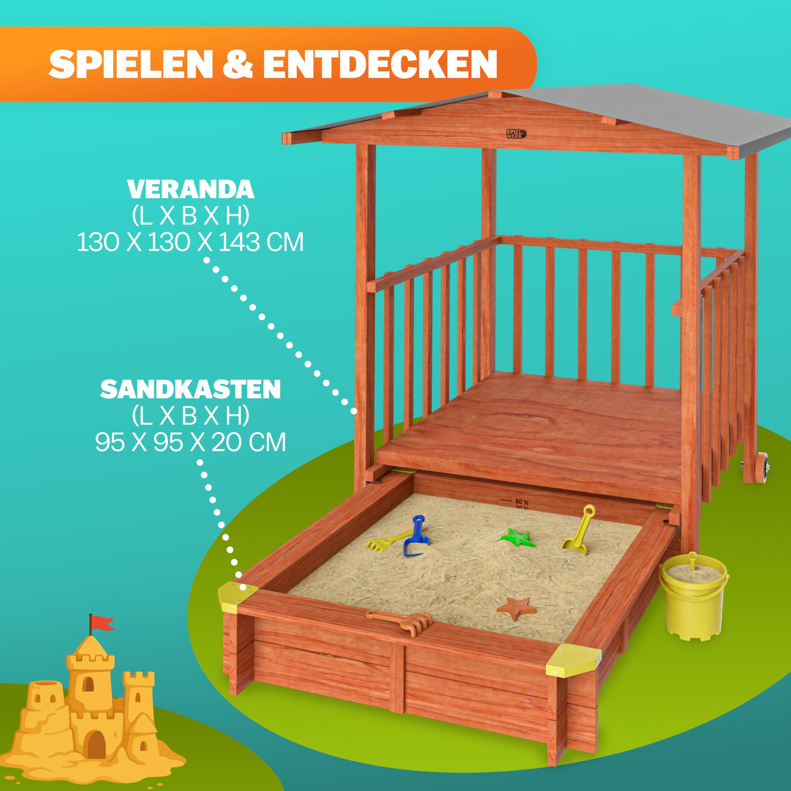 Spielwerk® Sandkasten Merle Sonnendach 143x130x130cm Veranda 95x95x20cm UV-Schutz Sandbox | Soft Play, ideal mit Kinetic Sand, Kleinkind Gartenspielzeug, Holz Spielhaus Sandkasten mit Bodeneinlage & Eckenschutz