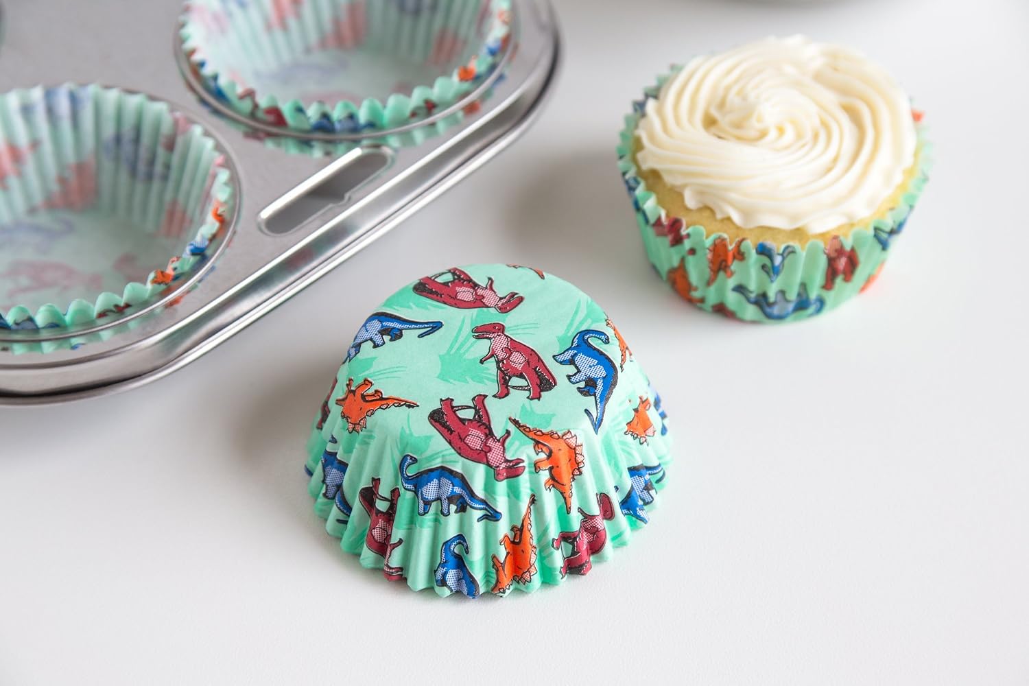 Fox Run Dinosaur Foil Muffin and Cupcake Liners, Set of 50, Standard Size Wrappers