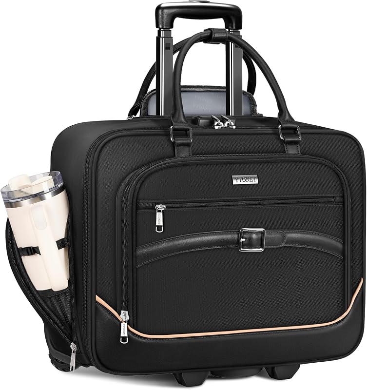 Bolsa con ruedas para computadora portátil, maletín con ruedas de 17,3 pulgadas para hombres y mujeres con bolsillos para archivos en acordeón, bolsa antirrobo para computadora portátil con ruedas, bolsa profesional debajo del asiento con ruedas para viajes, trabajo, maestros, negro
