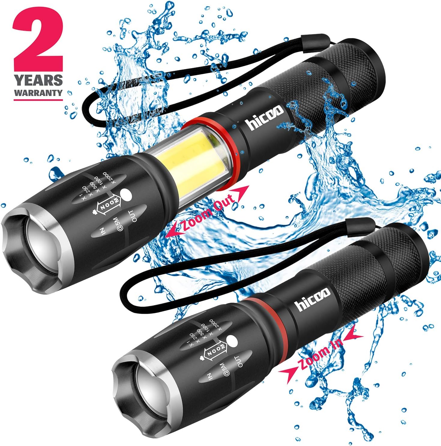 Hicoo 2 Pack Tictical Flashlights -Led Flashlight High Lumens - Zoomable Waterproof 6 Modes COB Work Light -T6 Super Bright - 18650 or AAA Battery - As Seen On Tv