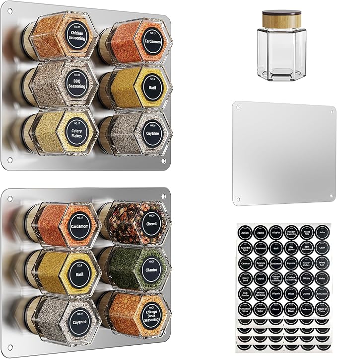 Set of 18 Magnetic Glass Spice Tins with 100 Preprinted Seasoning Label Stickers (Include Black Metal Wall-Plates)