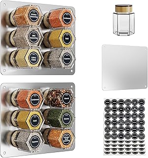 Vetacsion Set of 12 Magnetic Spice Tins with 2 Black Metal Wall-Plates,100 Preprinted Seasoning Label Stickers,2 Styles for 3 oz Herb Jars (12 PCS)