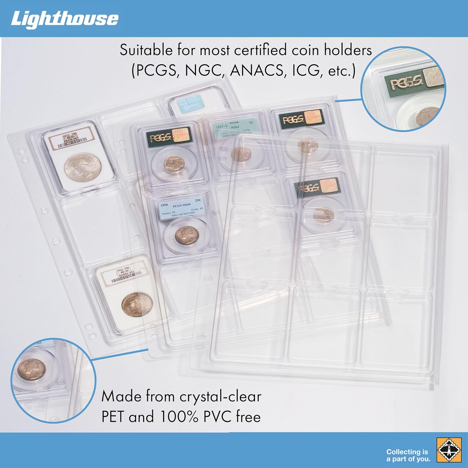 Lighthouse - Coin Album Set with 6 ENCAP Pages for Slabs, Holds 54 Slabs Including PCGS, NGC, ANACS, and More - Black