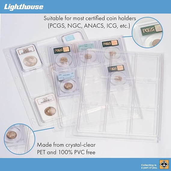 Lighthouse - Coin Album Set with 6 ENCAP Pages for Slabs, Holds 54 Slabs Including PCGS, NGC, ANACS, and More - Blue