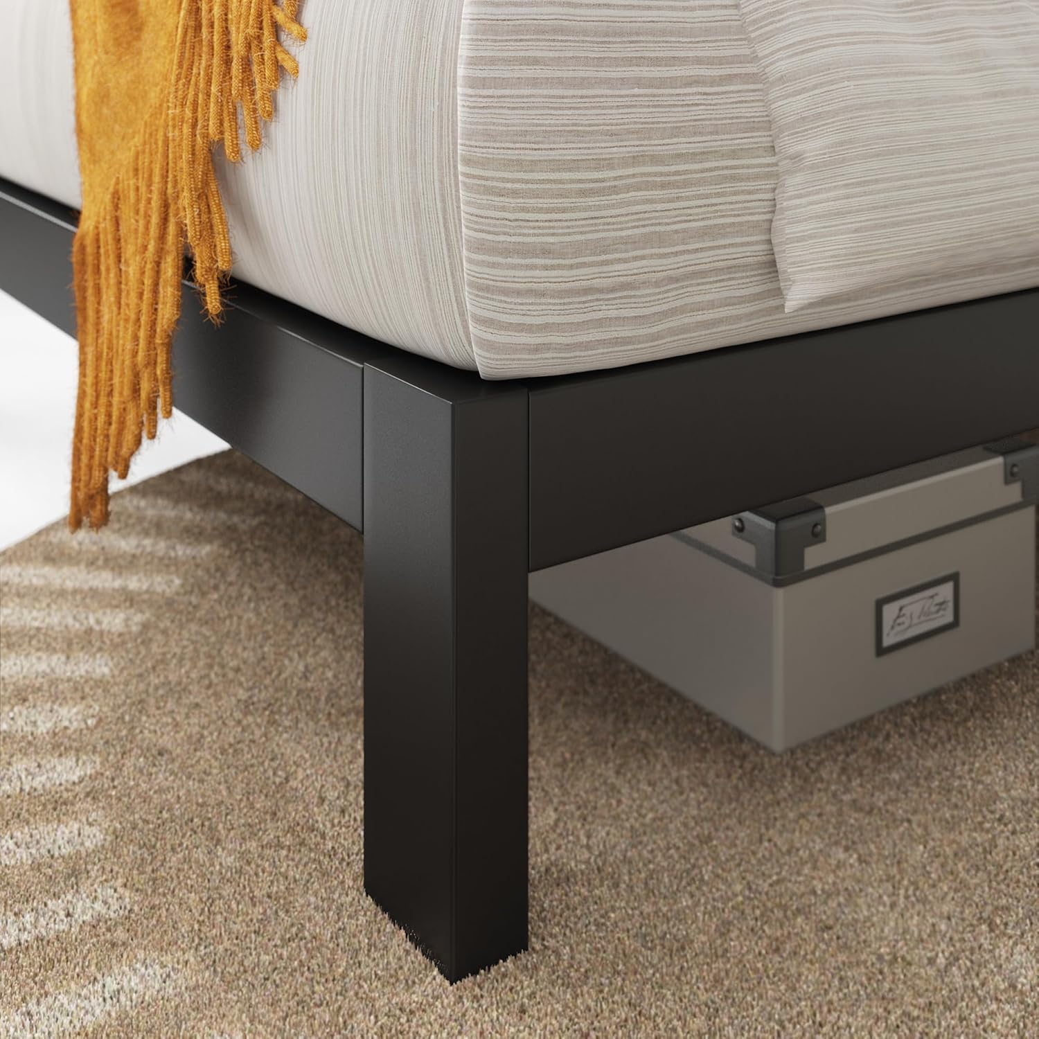 Close-up of a Zinus bed frame leg with pre-drilled holes for headboard attachment