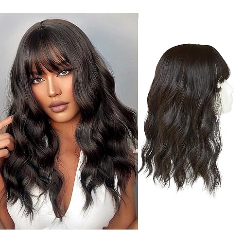 Miniatura 2 de Peluca de pelo sintético con flequillo, para mujeres y niñas (18 pulgadas, marrón negruzco)