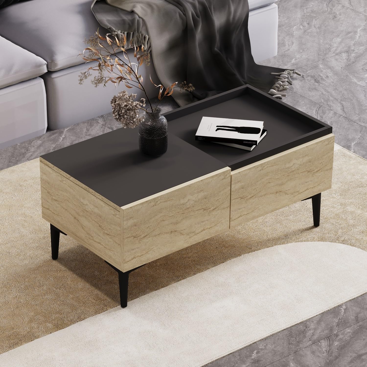 Modern Coffee Table with Additional Storage, Travertine & Anthracite, 91.8 x 38.6 x 45 cm, 100% Melamine Coated Particle Board, 18 mm Thickness, Stylish & Functional Design