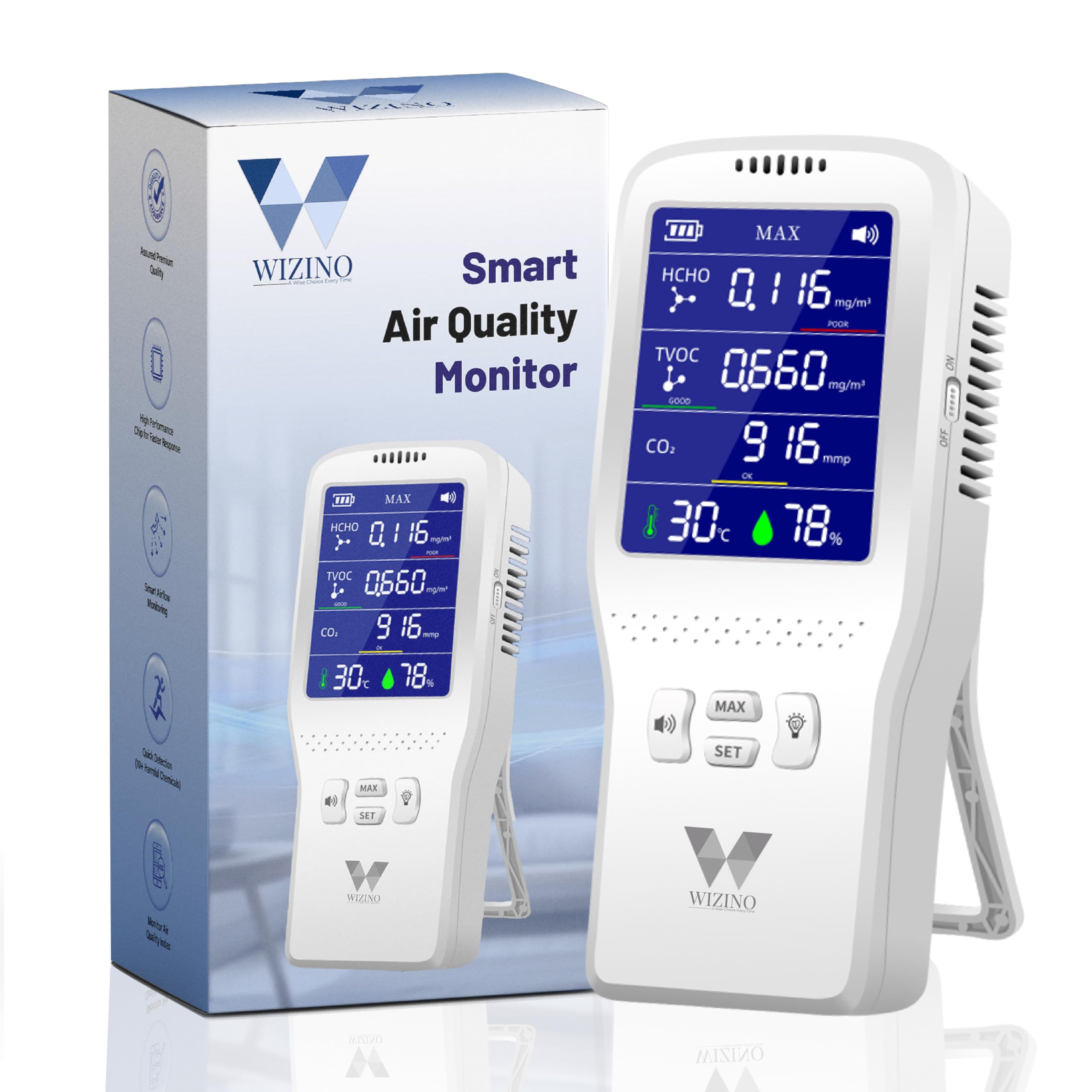 Smart Indoor Air Quality Monitor with CO₂, Formaldehyde (HCHO) & TVOC Detection | Real-Time Air Quality Alerts, Temperature & Humidity Sensor | 3-Color Display | Ideal for Home & Office-image-48