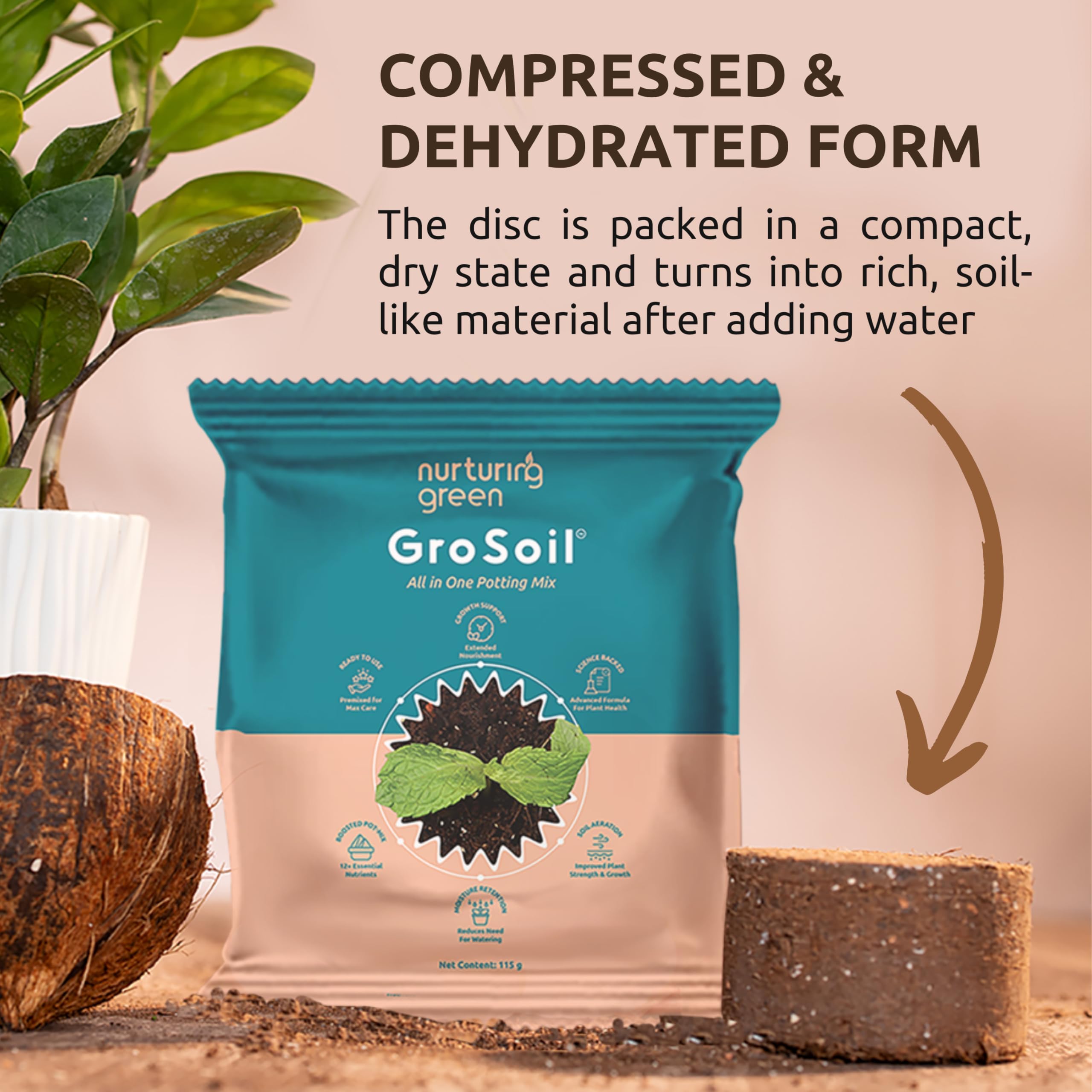 Nurturing Green® GroSoil - All in One Compressed Potting Mix for Plants (115gms x 5 Packs) | Universal Soil Blend with Essential Nutritions | Eco-Friendly & Nutrient-Rich Mix for Healthy Plant Growth - Image 2 thumbnail