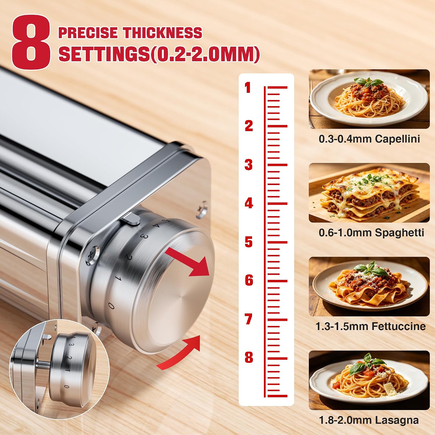 3PCS Pasta Maker Attachment for KitchenAid Stand Mixers, Stainless Steel Pasta Roller with Spaghetti & Fettuccine Cutter, 8 Adjustable Thickness Compatible with All KitchenAid Mixers