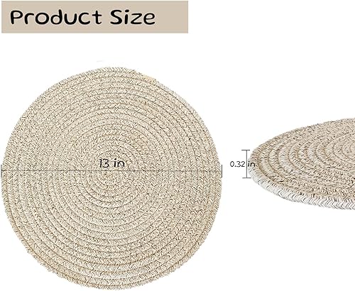 Miniatura 2 de Juego de 6 manteles individuales redondos de 13 pulgadas, manteles individuales tejidos con cuerda de algodón, bohemios, rústicos, antideslizantes,
