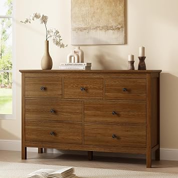 CARPETNAL 47" Walnut Dresser for Bedroom with 7 Drawer & Metal Handles | Wood Dressers & Chests of Drawers with Wide Drawers for Hallyway, Entryway