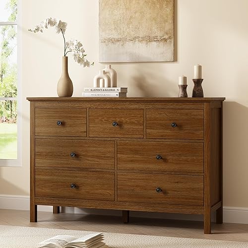 Oak Dresser for Bedroom, 7 Drawer Dresser with Wide Drawers