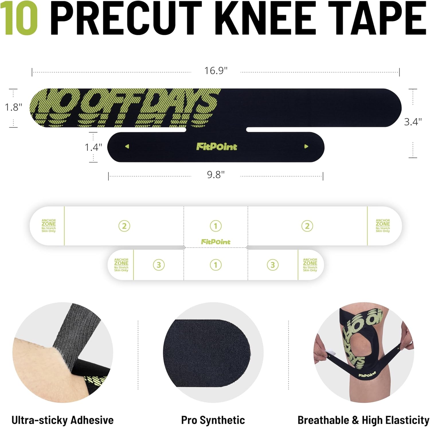 Kinesiology Tape for Knees 10 Pcs Ultra-Sticky Patella Knee Tape for Knee Pain Relief & Knee Stability Pre Cut Synthetic Kinetic Tape for Knee Support Waterproof Latex-Free Jet Black