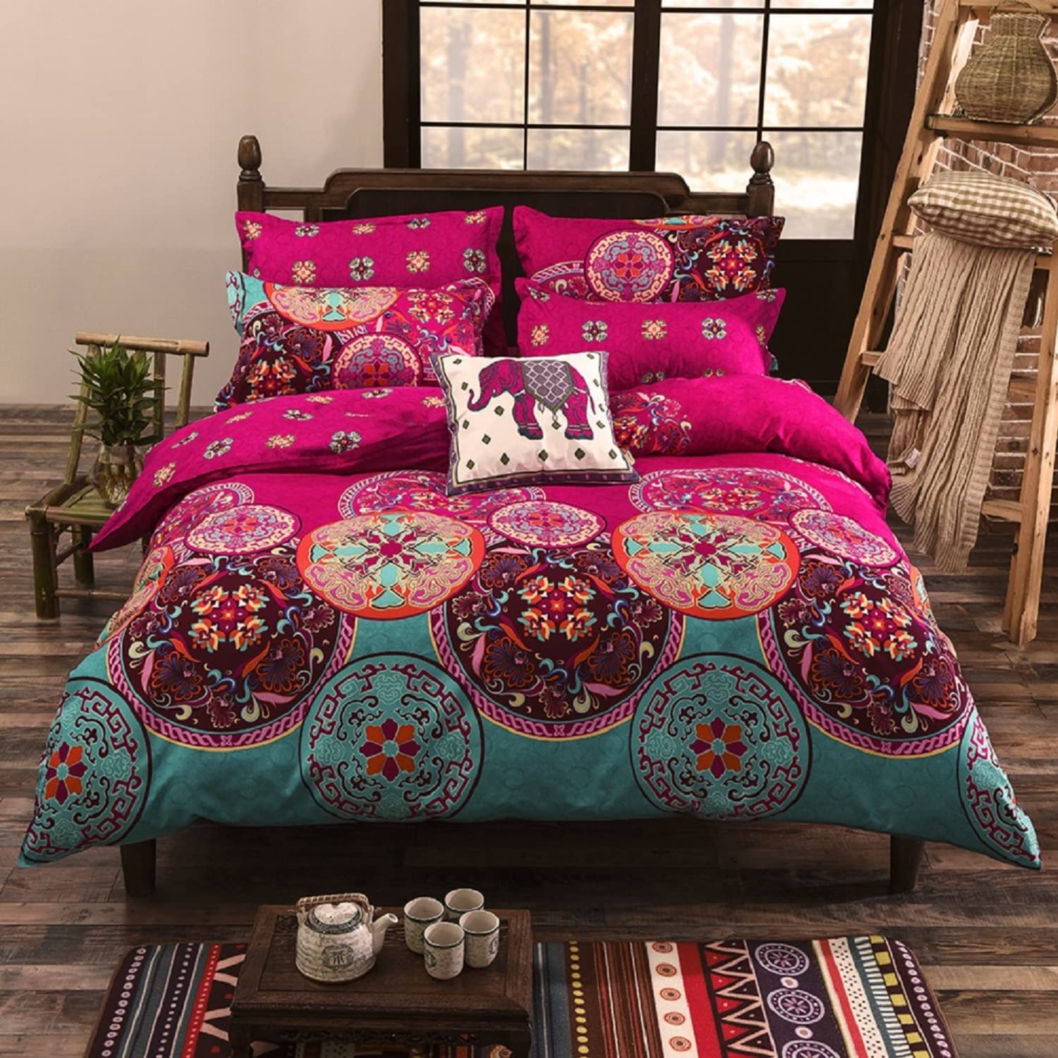 YEPINSBohemian Bed Linen Set, 155 x 220 cm, 100% Microfibre, Indian Bohemian Reversible Bedding Set, Boho 2-Piece - 1 x Duvet Cover 155 x 220 cm with Zip + 1 x Pillowcase 80 x 80 cm - Pink