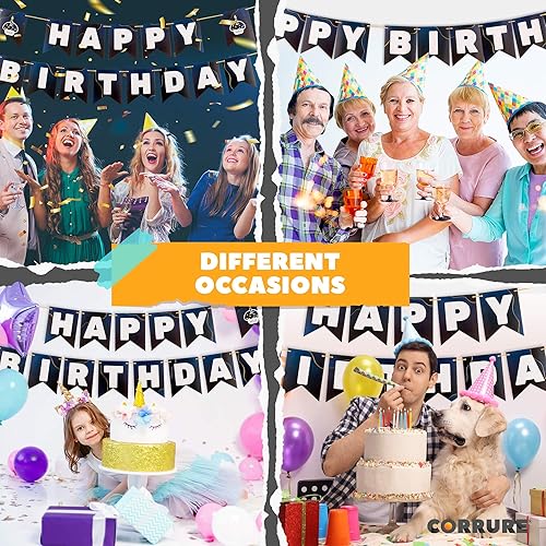 Miniatura 2 de CORRURE Cartel de feliz cumpleaños  Pancartas azules preencordadas con lámina dorada  Bandera grande para fiestas para mujeres, hombres, niñas o