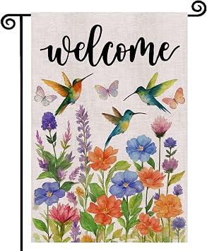 Hummingbird Floral Welcome Garden Flag Colorful Floral Decoration 12x18 Inch Double Sided Flowers Butterfly Outside Patio Farmhouse Seasonal Welcome Yard Outdoor Flag
