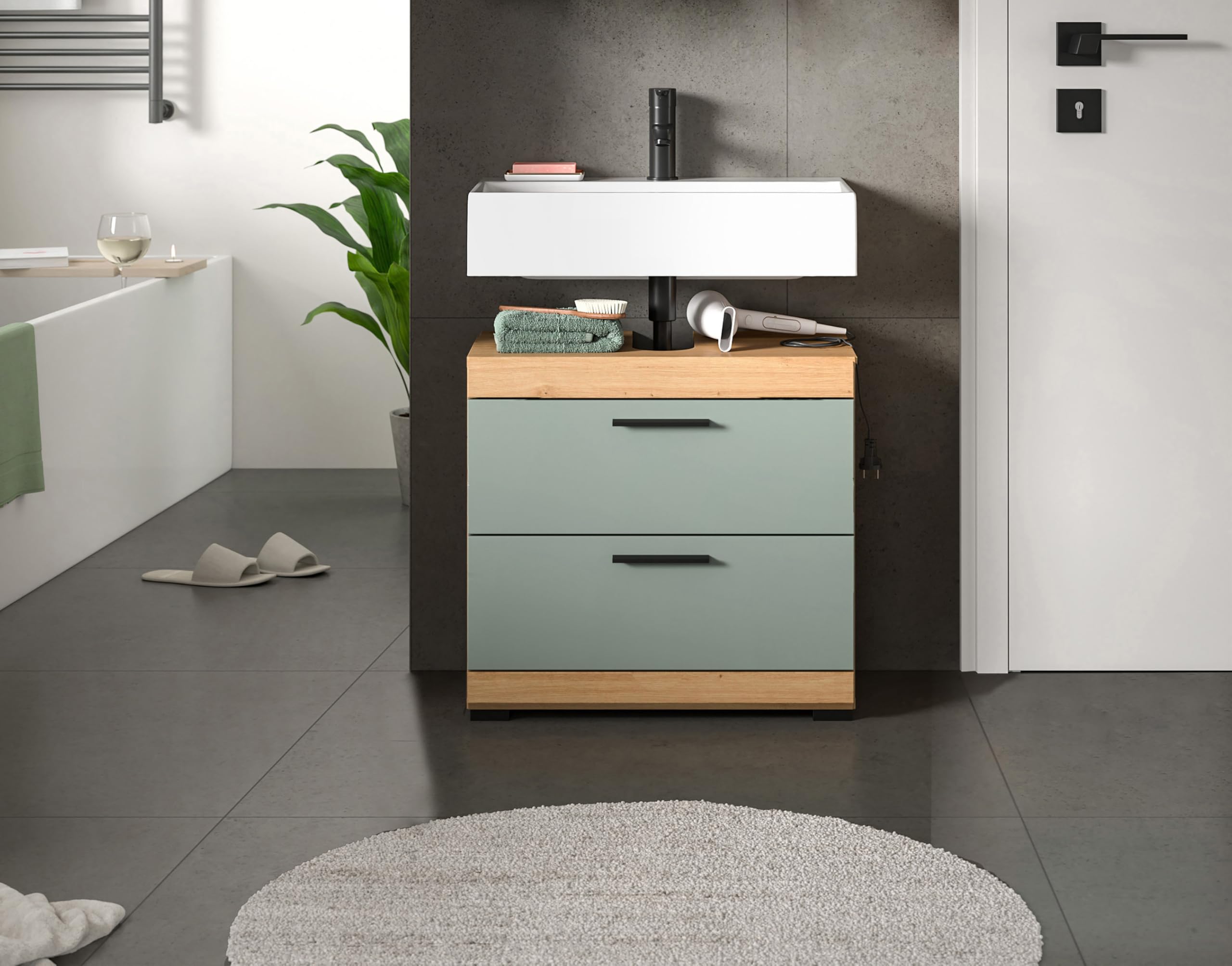 xonox.home Bad Scout X06N3707 Waschbeckenunterschrank Unterschrank Waschschrank in Salbei und Artisan Eiche Nachbildung – Bild 6