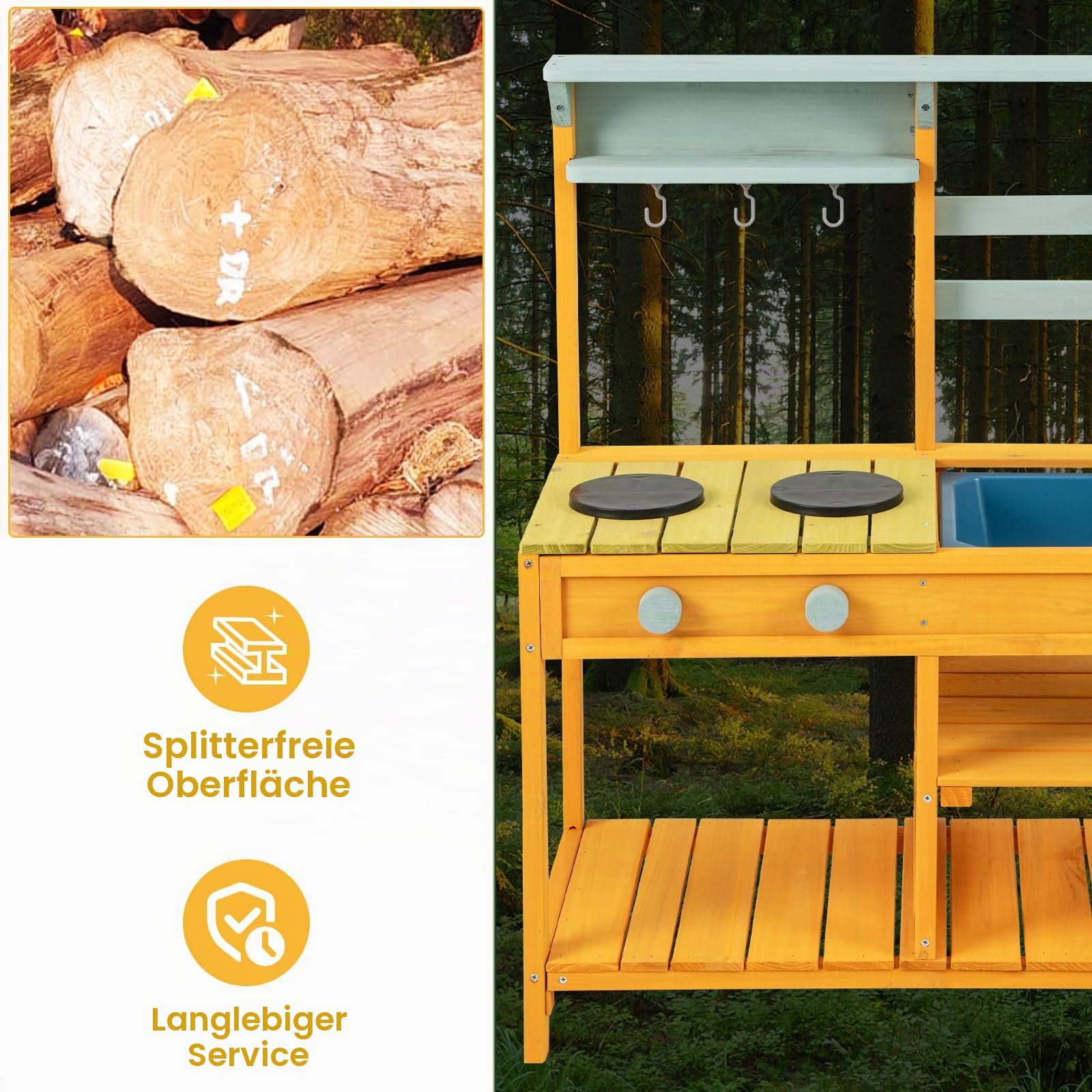 HOMASIS Matschküche Kinder Outdoor, Kinderküche mit Waschbecken Spüle Herd, Spielküche Holz, Spielzeugküche mit 3 Haken & Regalen, Holzküche Gartenküche für Kinder ab 3 Jahren (Gelb)