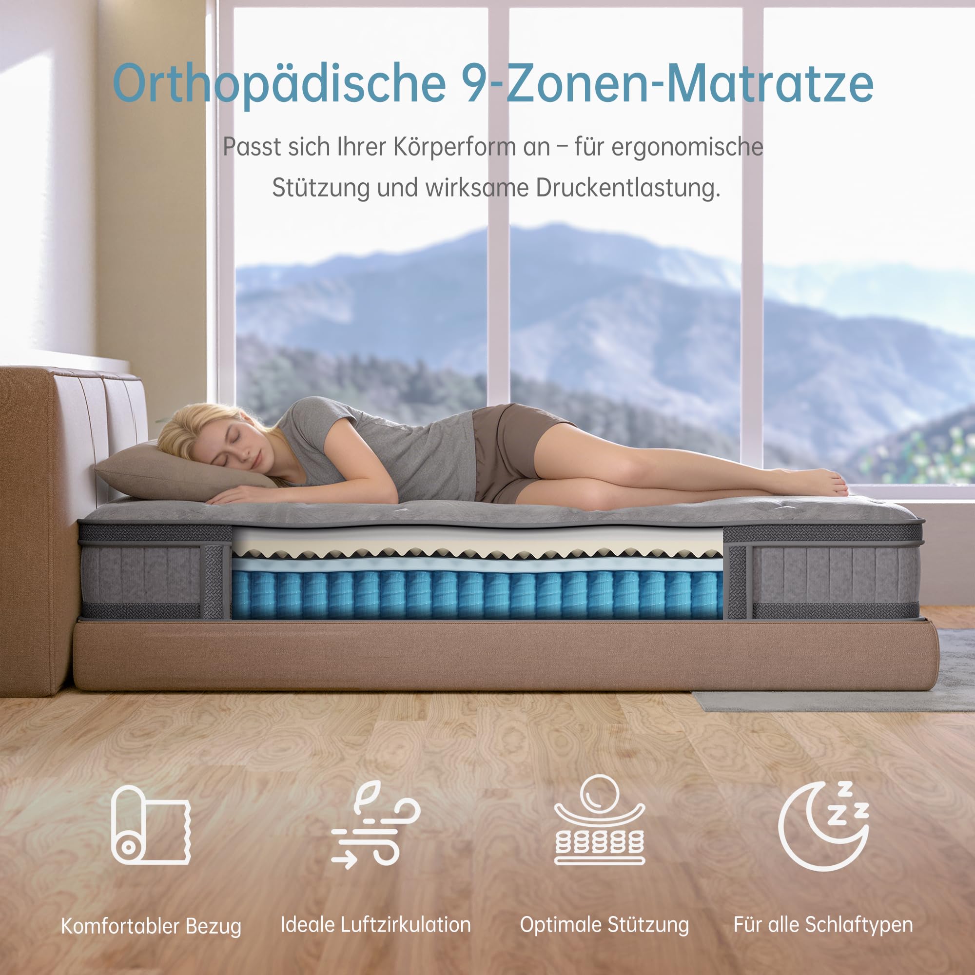 TeQsli Gel Taschenfederkernmatratze 140x200 cm H3 mittelfest 25 cm Höhe, Ergonomische 9-Zonen Matratze mit Gel Memory Schaum für Rückenunterstützung & Druckentlastung, Öko-Tex & CertiPUR Zertifiziert