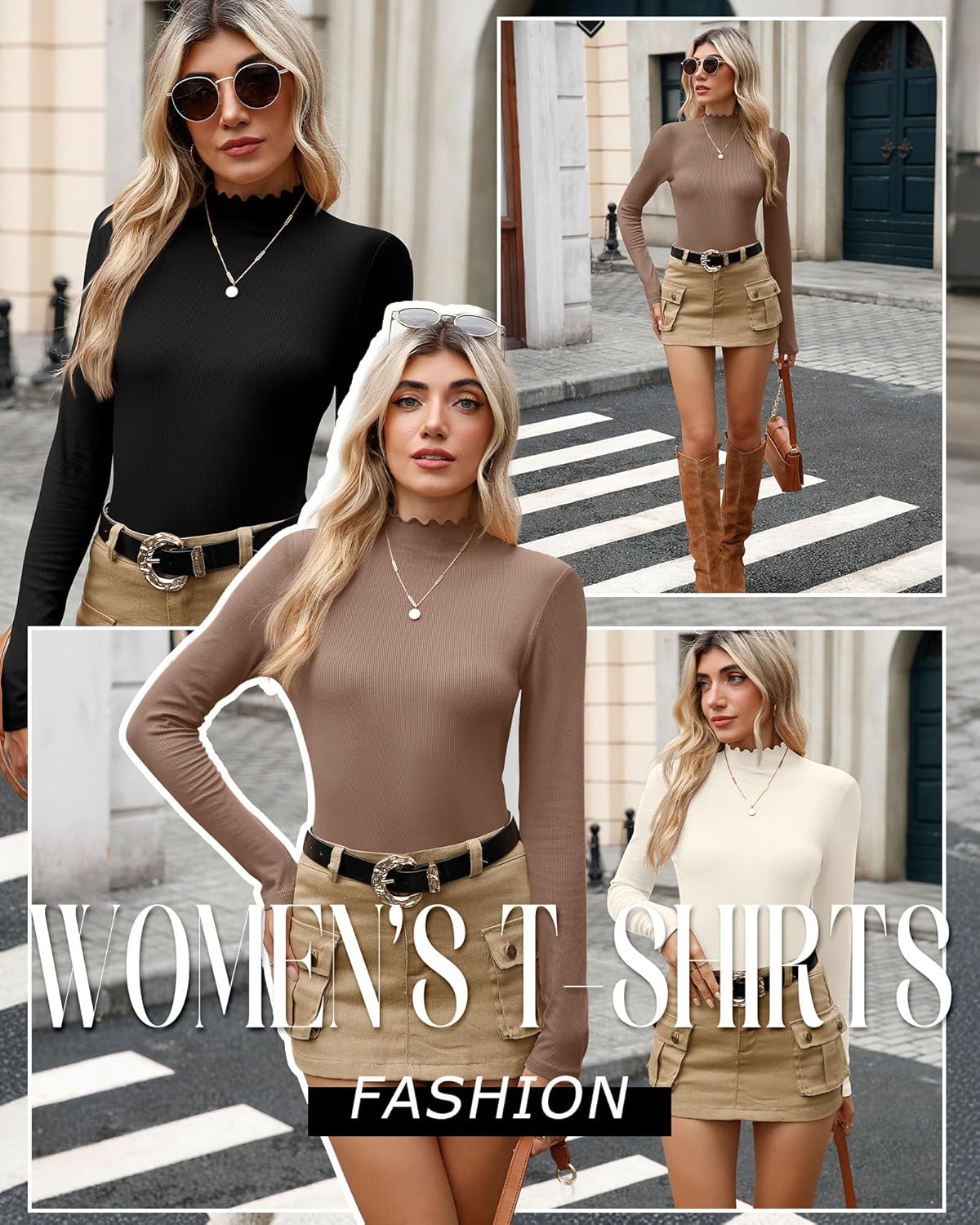 Oakgarden 3 Pack Women's Cotton Long Sleeve Mock Turtleneck Tops Ribbed Lettuce Trim Slim Fit Shirts Thermal Base Layer - Image 5