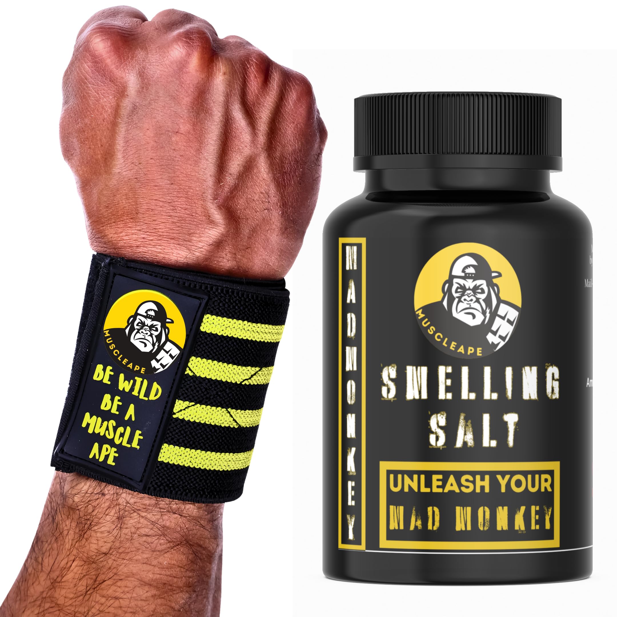 Muscleape Smelling Salt With Powerlifting Wrist Wraps| Super Strength Ammonia Stimulant| 20" Wrist Supports Wraps With 3" Velcro For Heavy Lifters. Wrist Supporter for Gym Wrist Band for Men Gym & Women with Thumb Loop Straps - Wrist Wrap Gym Accesso (B0D29HMV7P) Amazon Price History, Amazon Price Tracker
