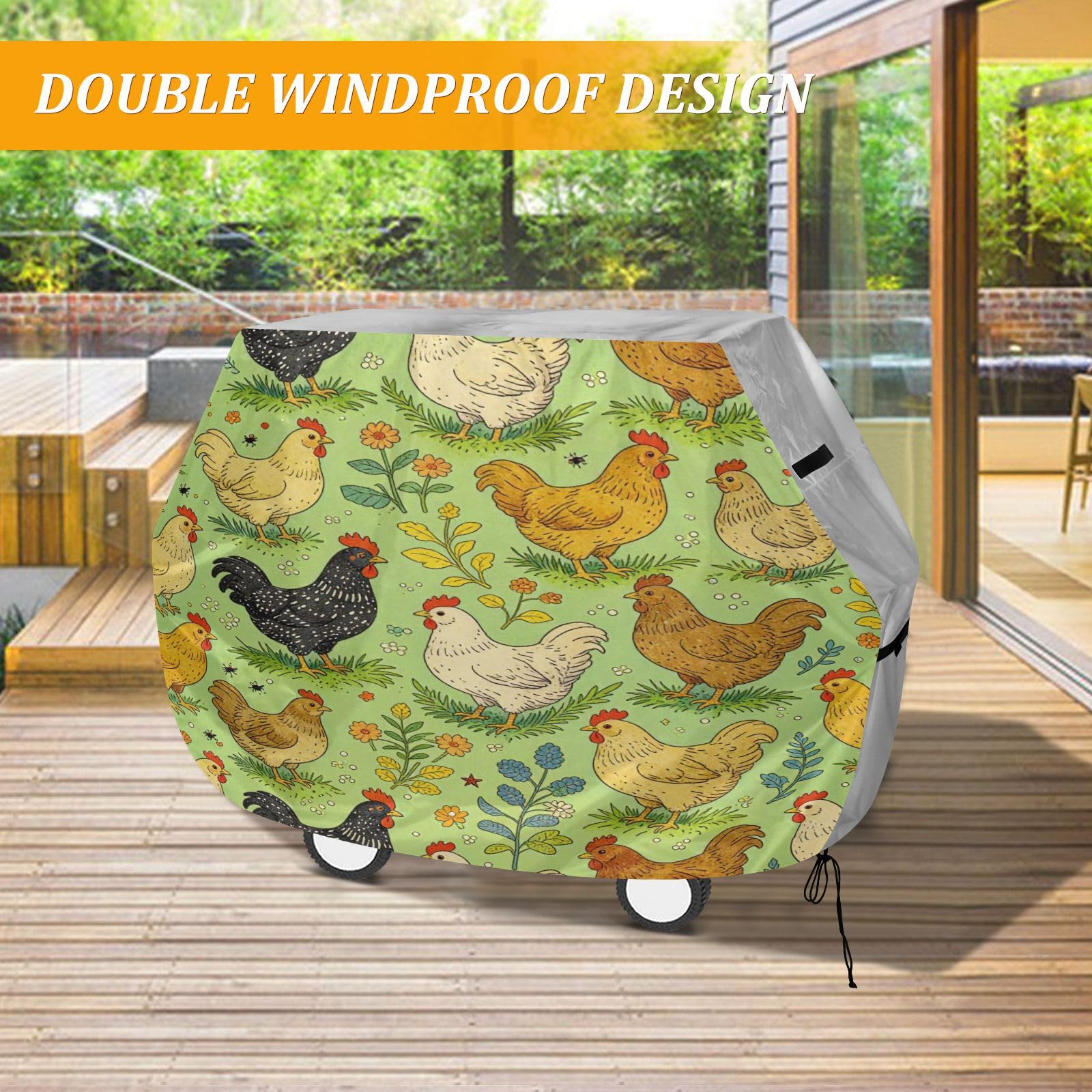 Pokrowiec na grilla na patio, 150 cm, wytrzymały, odporny na rozdarcie, odporny na blaknięcie, materiał na zewnątrz, patio, pokrowiec na grilla, vintage, zwierzę gospodarskie, miłośnik kurczaków