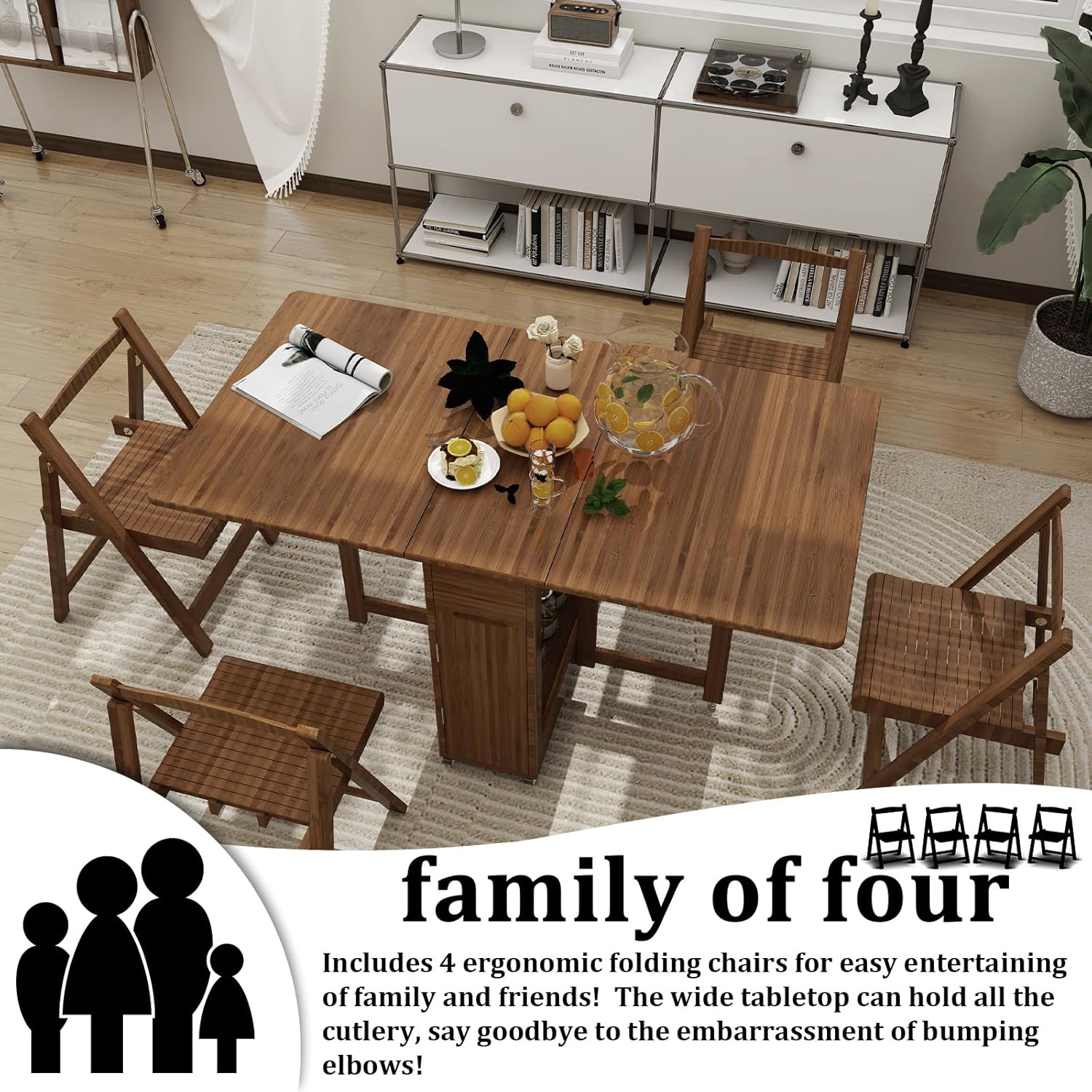 MHIUSI Folding Dining Table Set for 4 with Chairs, Storage Drawers, Adjustable Feet & Locking Casters, No Assembly Drop Leaf Kitchen Table for Small Spaces (Walnut)