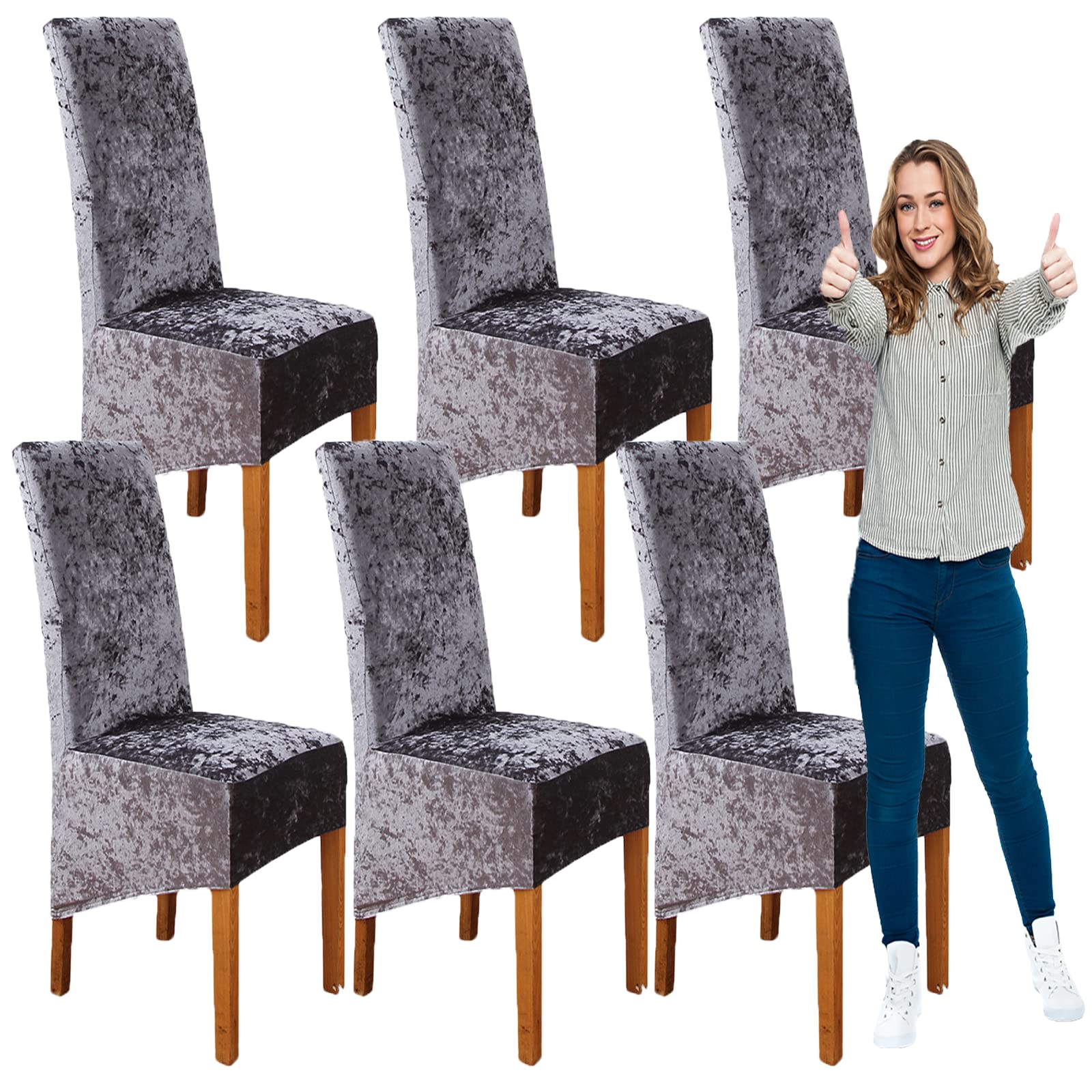 SRHMYJJ Velvet Plush XL Dining Chair Covers, Stretch Chair Slipcover, Spandex High Chairs Covers Seat Slipcover with Elastic Band for Dining Room Wedding Ceremony Banquet (Dark Gray 6)