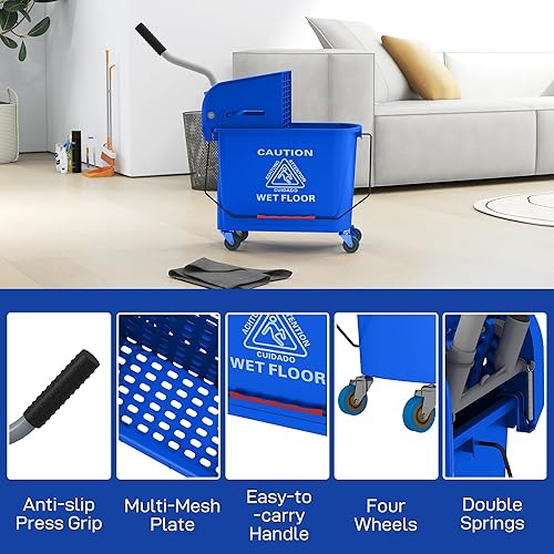 Miniatura 8 de HOMCOM Cubo compacto para fregona con escurridor sobre ruedas para limpieza de suelos, 21 cuartos de galón, agua sucia y limpia separada, para el