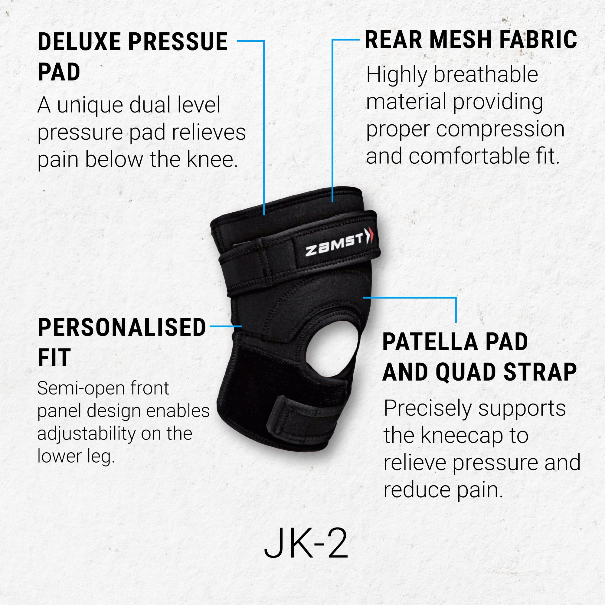 Zamst JK-2 -Ginocchiera per rotula, tendini quadricipitale e rotuleo, (L) | Ginochiera con cuscinetti rotulei e chiusure a compressione regolabili - Ideale per sport o attività che comportano salti