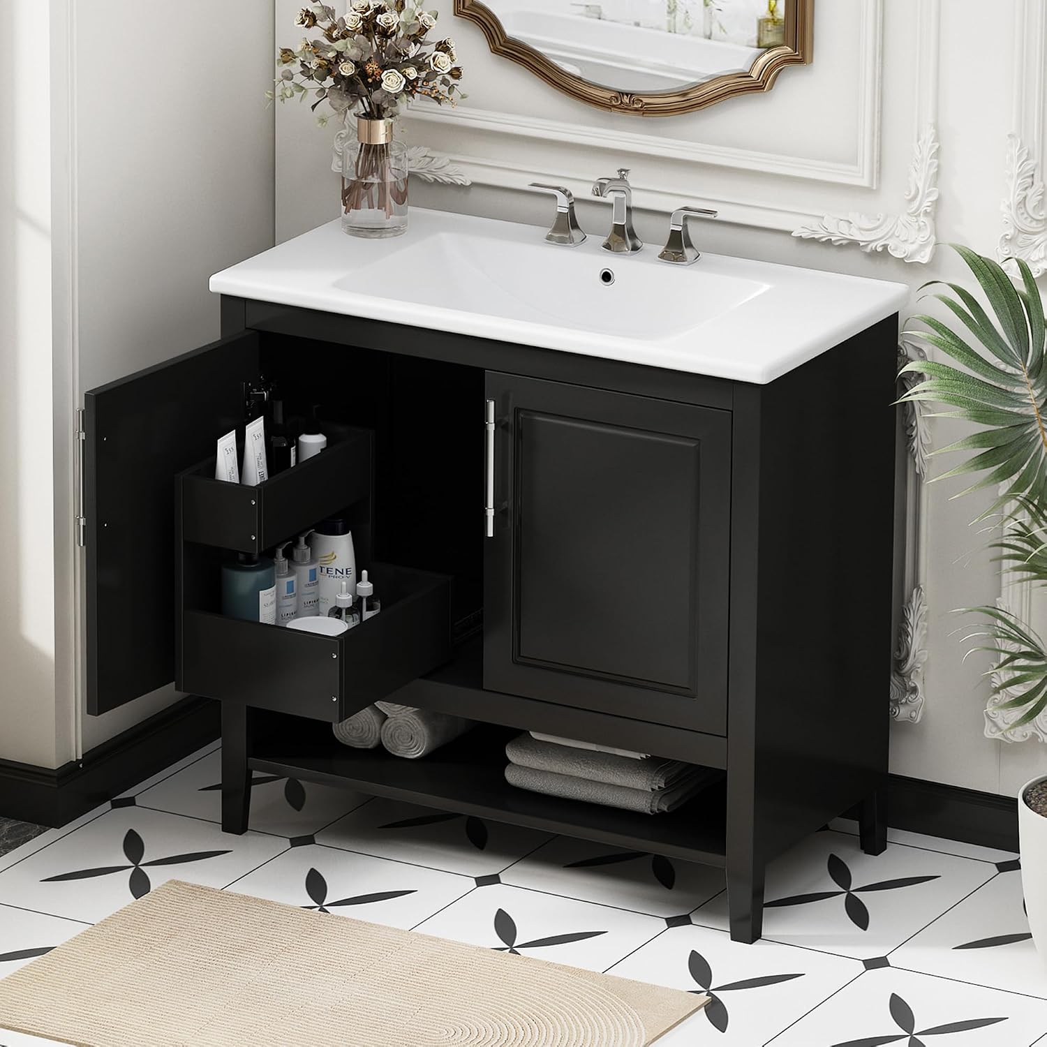 36 Inch Bathroom Vanities with Undermount Ceramic Sink, Two Pull in/Out Drawers, Soft Closing Doors, Solid Wood Frame & MDF Board, Black