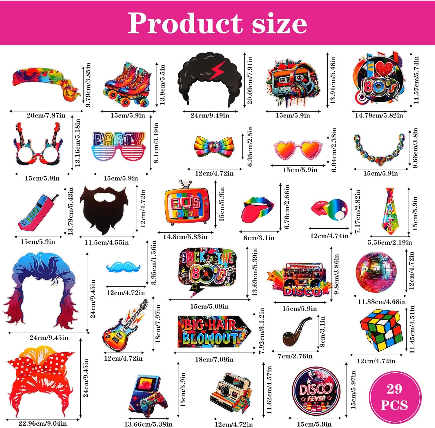 29Pcs Photo Booth Props 80s Party Decorations, Disco Photo Booth Props with 30Pcs Wooden Dowel Sticks 30Pcs Glue Points, Colorful 80s Theme Party Decorations - Image 2