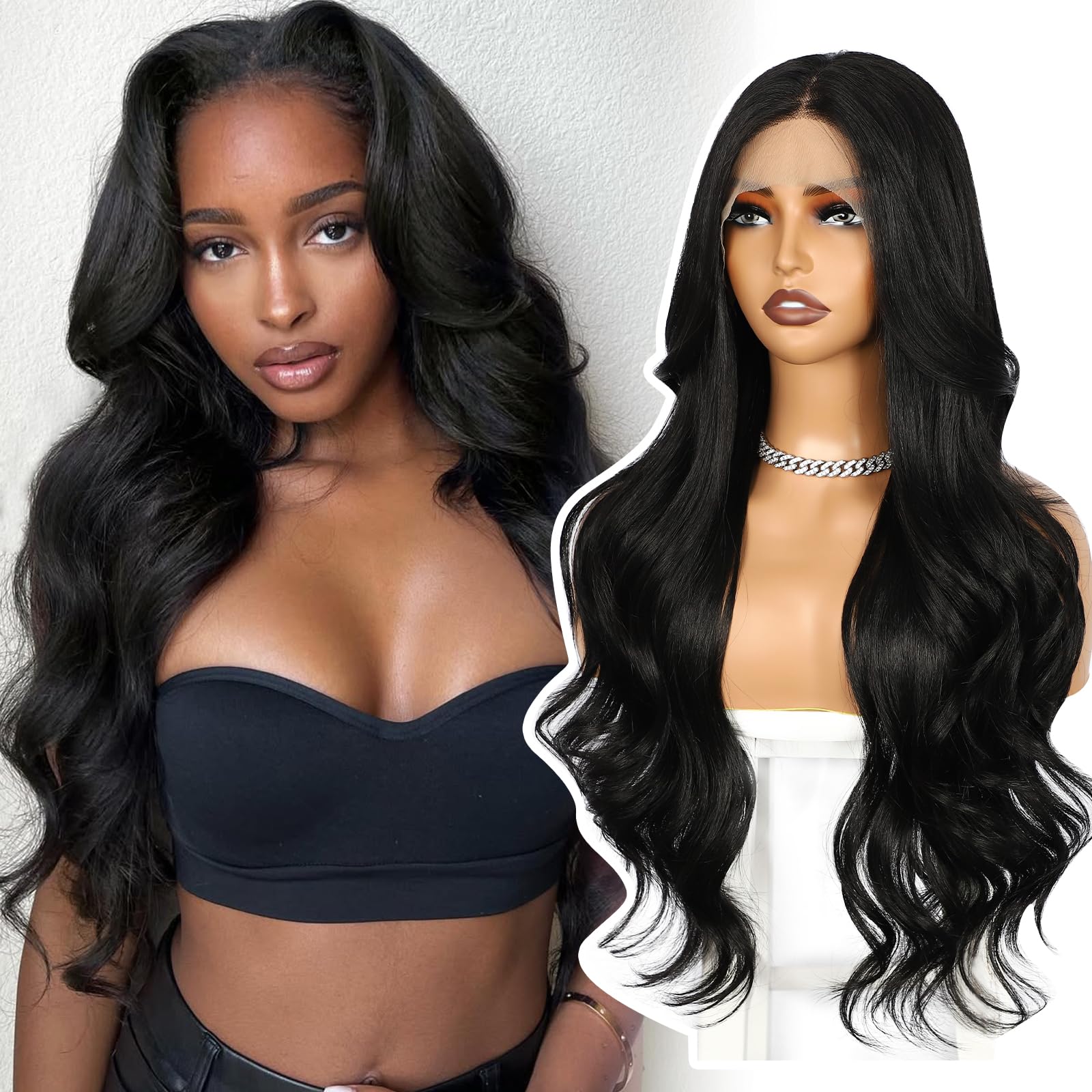SOMIARIK 13x4 Synthetic Lace Front Wig Natural Black Long Wavy Synthetic Lace Front Wig for Women Curly Wavy Pre plucked Bleached Knots Party Daily Wear Cosplay Halloween Heat Resistant 26 Inch