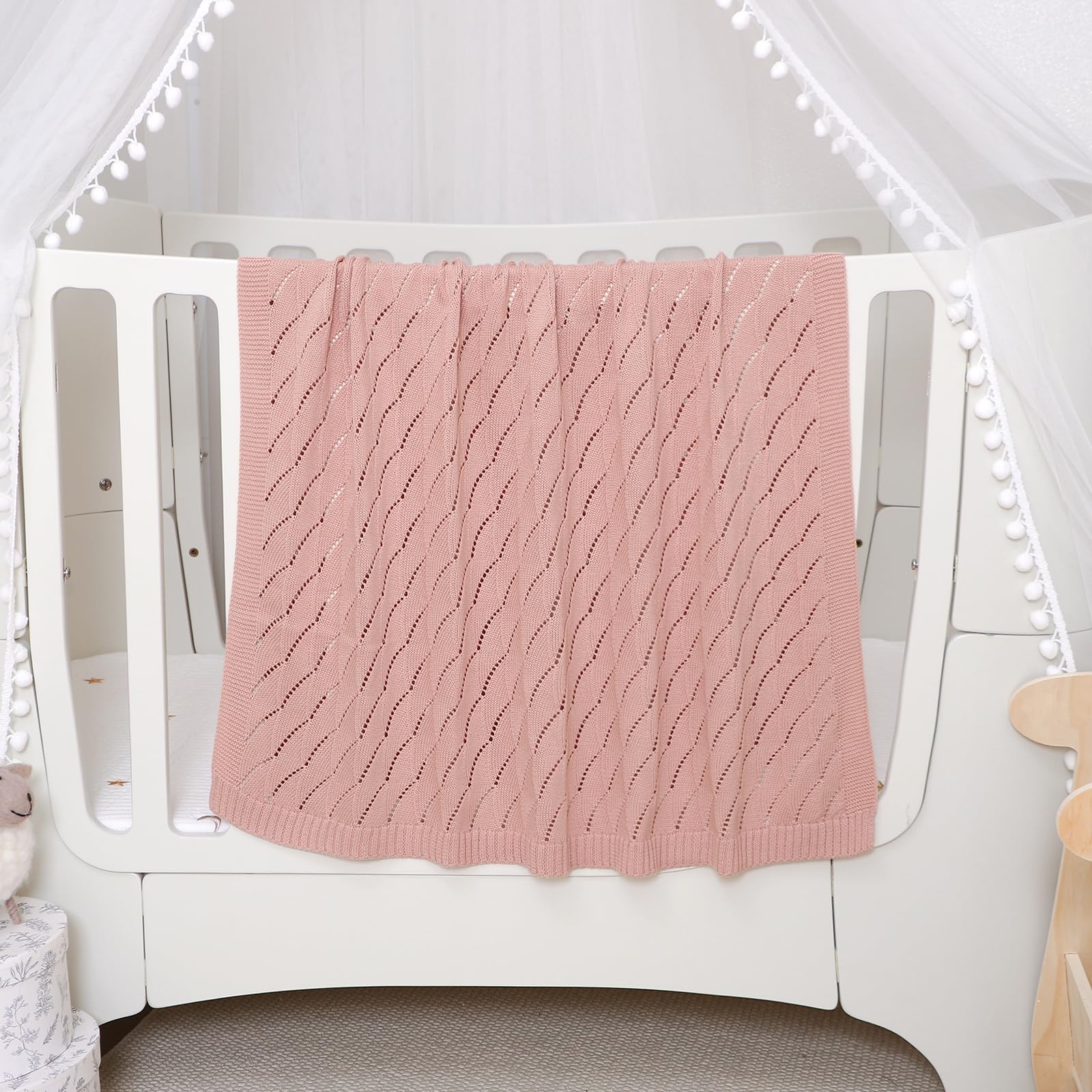 mimixiong Cotton Knit Baby Blanket Soft Crochet Cellular Blanket Baby Gifts for Newborn Boys Girls,100 x 80 cm (Pink) - Image 2