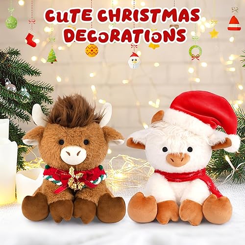 Miniatura 6 de Peluche de vaca de las tierras altas de Navidad, peluche de vaca Kawaii de 8 pulgadas, mullido, lindo peluche para niños, niñas, regalos de vaca