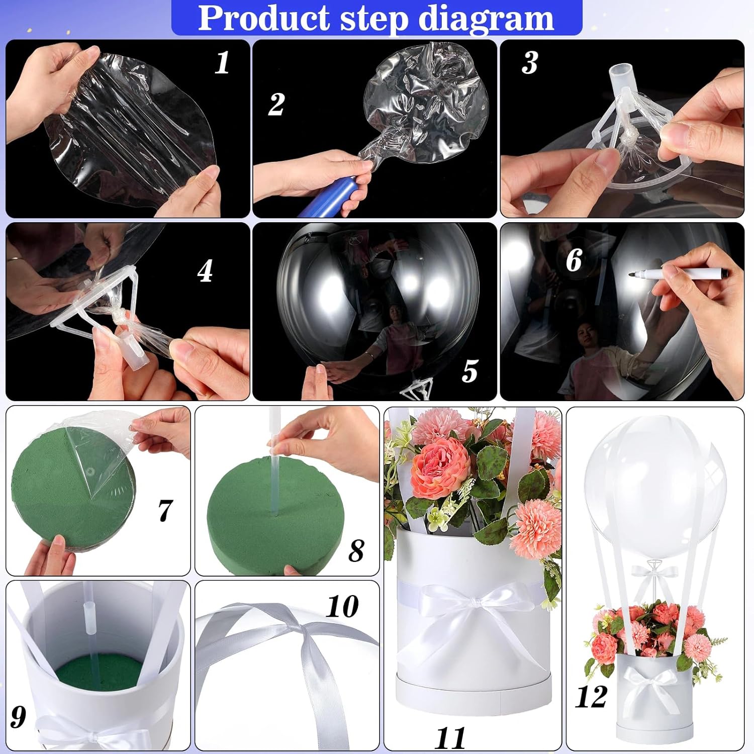 Soulchen DIY Hot Air Balloon Graduation Surprise Gift Box with 20'' Bubble Bobo Balloon Ribbon and Floral Clay for Mother's Day Wedding Birthday Anniversary Baby Shower Party Decoration(White)